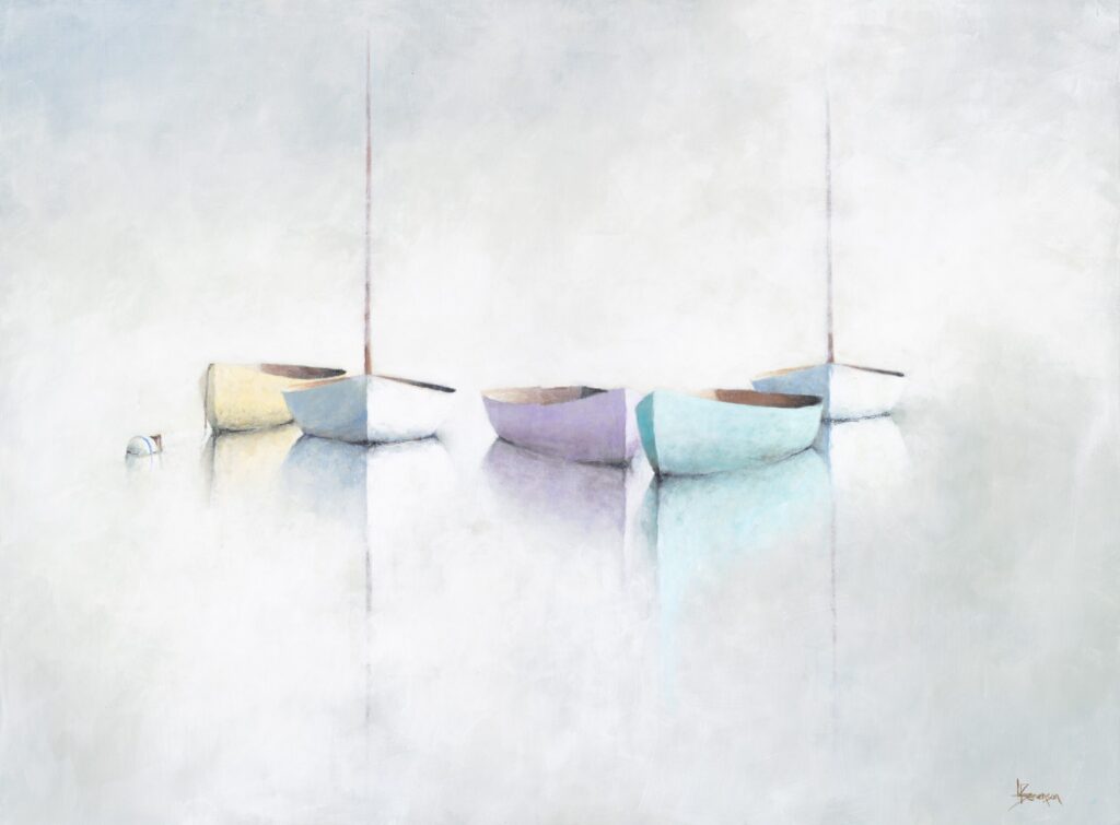 Pastel Reflections Giclee five small sailboats in pastel shades float on calm, glassy water with soft reflections. The minimalist, ethereal scene is ideal for giclee prints, bringing tranquil beauty and gentle hues to any space. A buoy drifts softly on the left. fine art painting