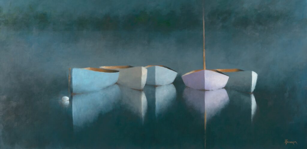 Five small, pastel-colored boats float closely together on calm, reflective water under a misty blue atmosphere. Their soft reflections and a nearby buoy evoke peaceful stillness—a serene, minimalist scene reminiscent of Leslie Berenson