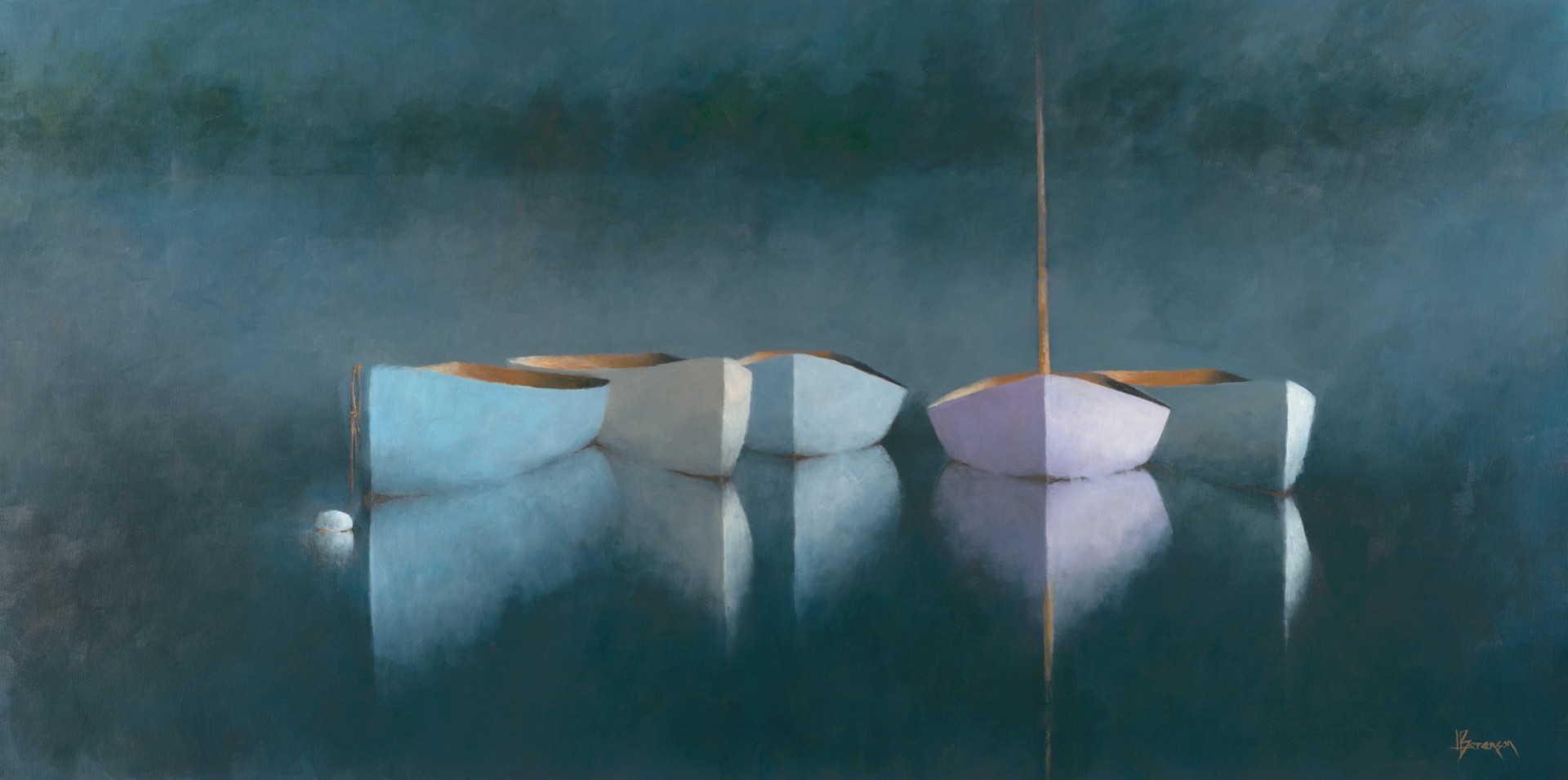 five pastel-colored rowboats (two blue, one lavender) float close together on calm, reflective water under a hazy sky. This serene, dreamlike scene is perfectly captured in exquisite giclee prints, highlighting every soft reflection and gentle hue. fine art painting