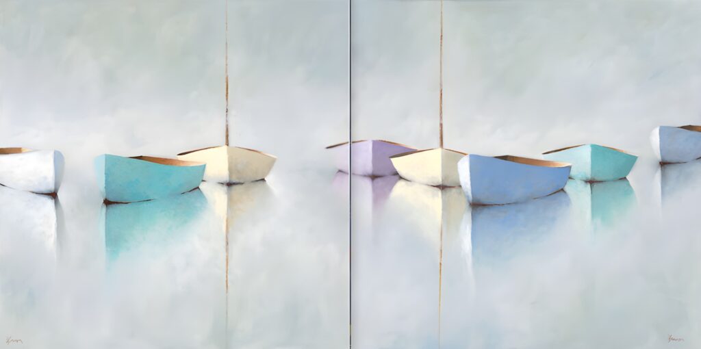 Reflection Perfection I & II diptych Giclee A serene, minimalist painting of five small rowboats on calm water. Offered as high-quality giclee prints, the scene features soft pastel boats with gentle reflections in smooth, misty water beneath a pale sky.