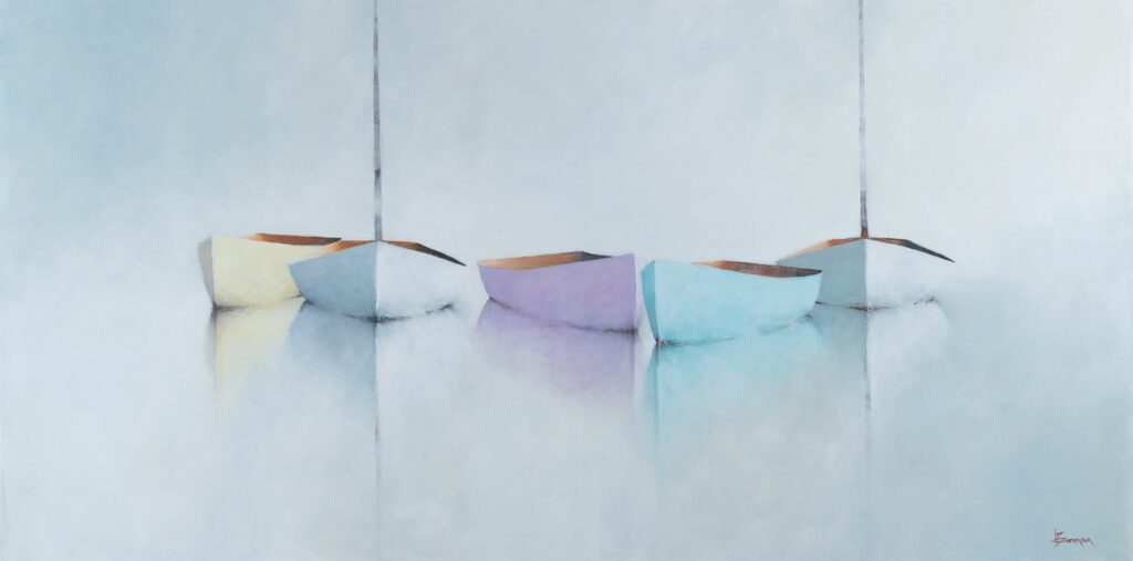 A minimalist painting from Leslie Berenson Art Work shows five small rowboats in pastel hues—yellow, white, lavender, and blue—floating side by side on calm water. Soft reflections and a hazy background create a serene, dreamlike atmosphere.