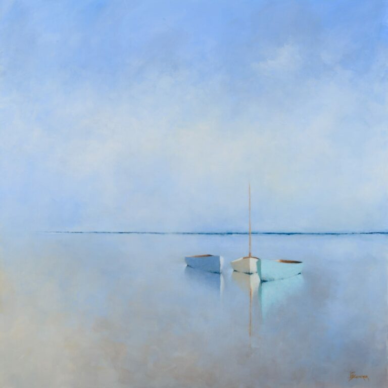 Reflections of Summer 36×36-1 Three small, white and blue rowboats float side by side on calm, glassy water under a hazy blue sky. In this tranquil, minimalist scene from Leslie Berenson art Work, gentle reflections shimmer across the water with no visible shore or people.