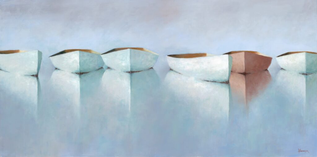A minimalist painting from Leslie Berenson Art Work shows five small boats floating on calm water. Four boats are pale blue, one is soft tan, all casting gentle reflections on the glassy surface beneath a hazy blue-grey sky.