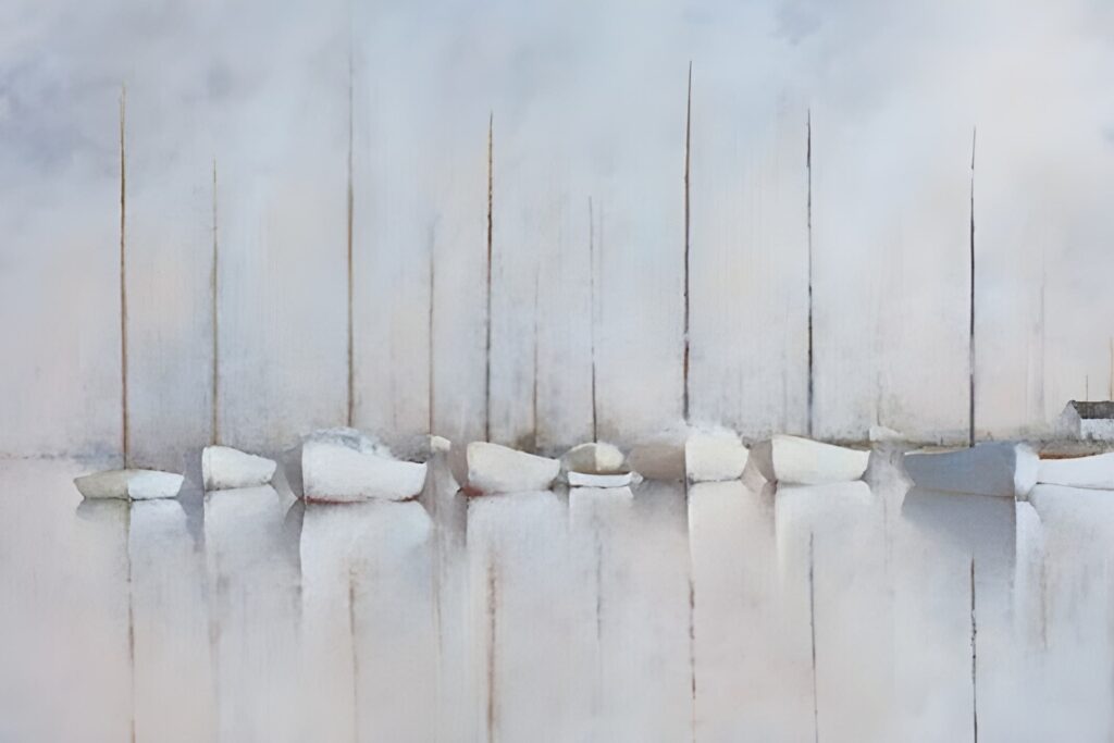 Sea of Masts 40×30 A row of small, white sailboats with tall, thin masts sits closely together on calm water, their reflections softly mirrored below. Leslie Berenson Work evokes a serene, dreamy atmosphere with muted blue and gray tones.