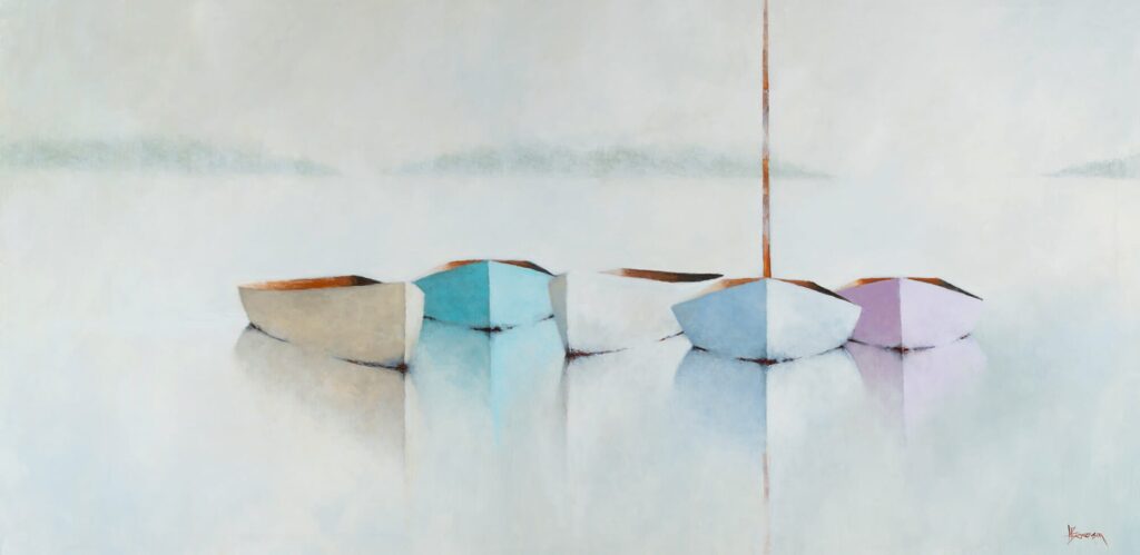Serene Dreams Giclee Five small rowboats in pastel shades gently float on calm, reflective water in this Leslie Berenson Giclee Work. A misty, minimalistic background reveals faint landforms in soft, muted tones.