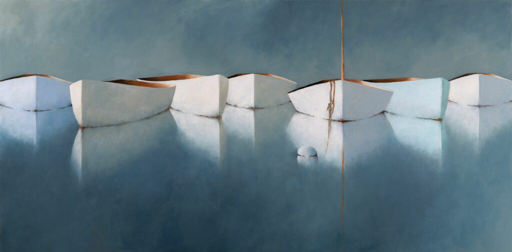 A row of white boats is reflected on calm blue water beneath a hazy blue sky; Leslie Berenson art Work captures a tranquil, serene mood through abstract, minimalist painting with soft shapes and subtle shadows.
