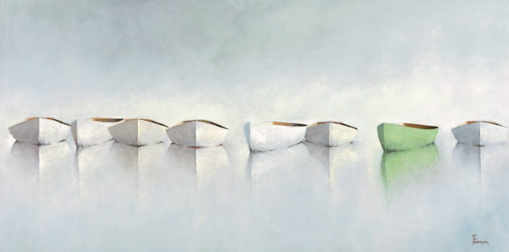 Seven White Boats Giclee Seven small boats, part of Leslie Berenson GIclee Work, float on calm, glassy water. Soft, muted colors and a misty background create a peaceful, dreamy atmosphere as the boats and their reflections evoke quiet minimalism.