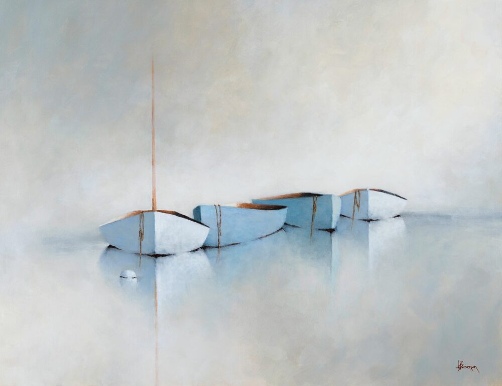 Shades of Blue A minimalist painting from Leslie Berenson Art Work features four small blue and white rowboats floating side by side on calm, reflective water, set against a hazy background with soft tones for a serene, tranquil atmosphere.