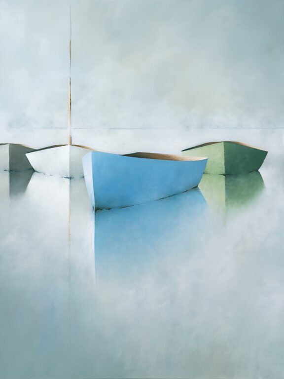 A minimalist painting from Leslie Berenson art Work shows four small boats floating on still water, their reflections blurred. The boats in light blue, white, and green rest beneath a soft sky, exuding tranquility and simplicity.
