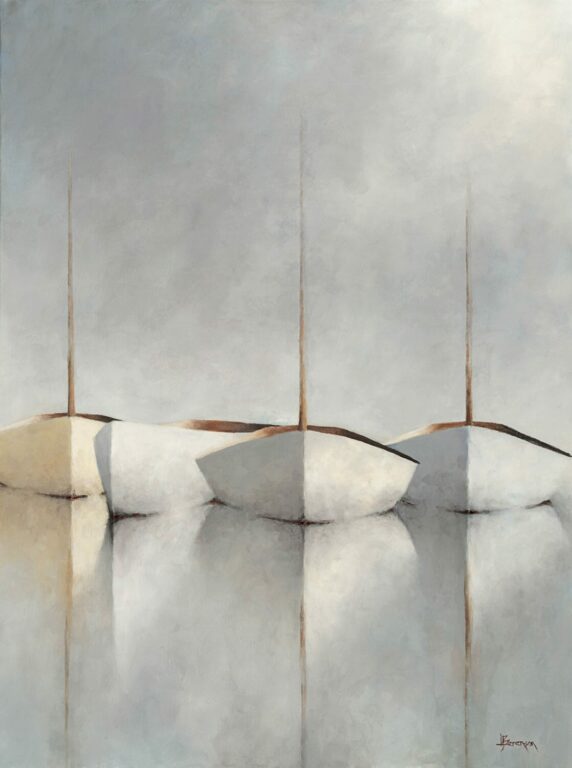Silver Smoothness Four minimalist sailboats with tall, thin masts are depicted side by side on calm, reflective water. The soft background in pale grays and whites evokes a peaceful, dreamy atmosphere, characteristic of Leslie Berenson Art Work.
