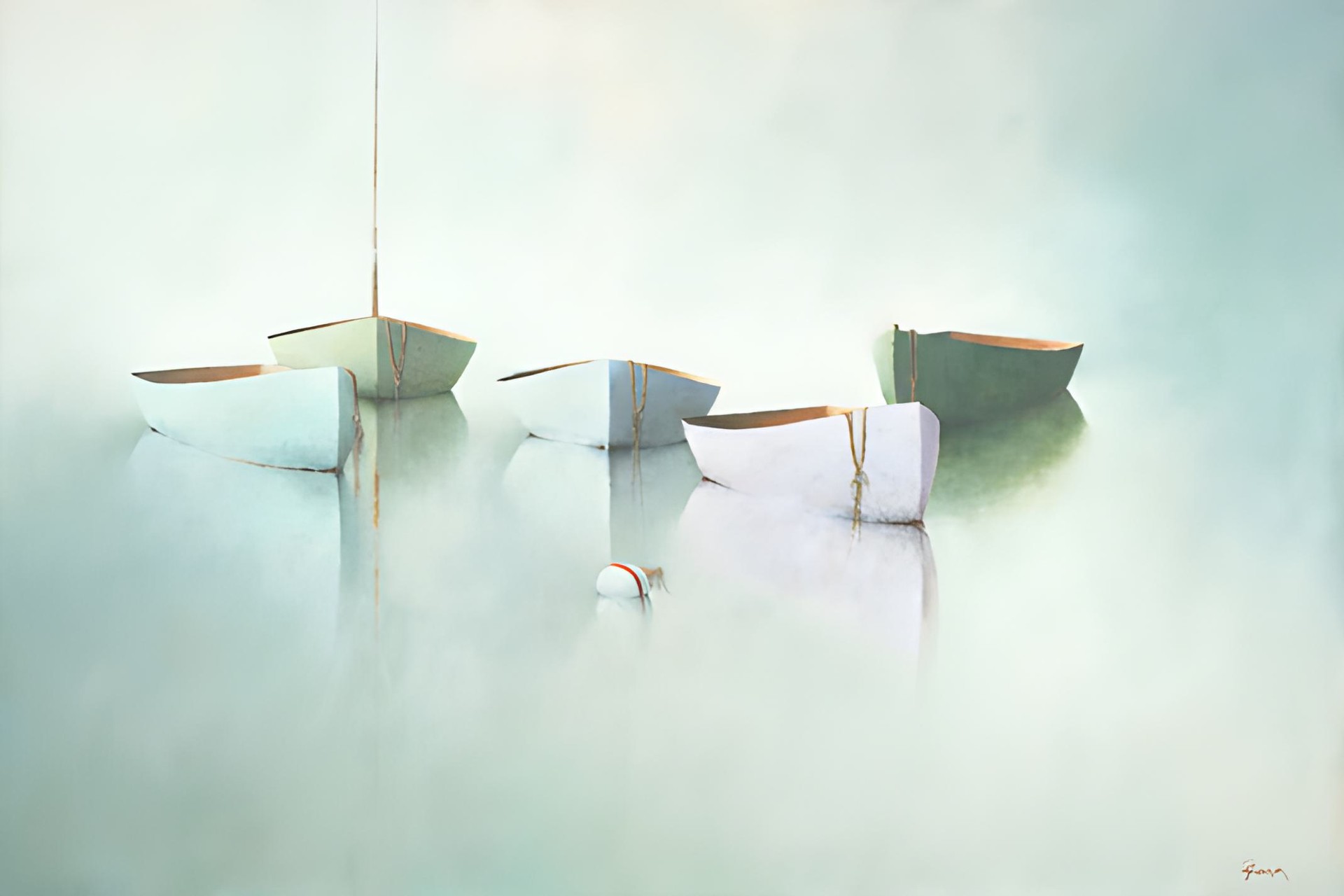 Five pastel-colored rowboats float quietly on calm, misty water in this Leslie Berenson New Work, their soft reflections visible below. A single white buoy with a red stripe sits nearby, adding to the serene, minimalist atmosphere.