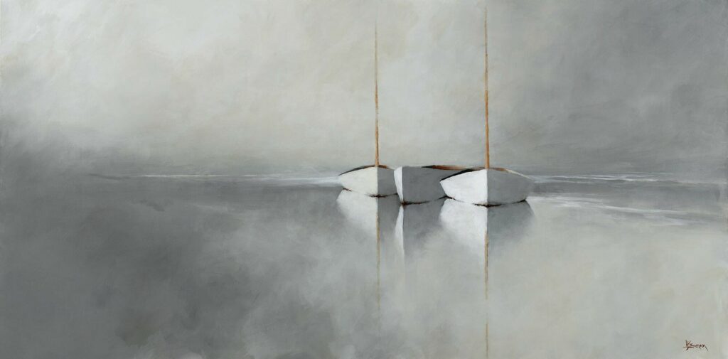 three white sailboats with brown masts float side by side on calm, reflective water. In this serene, minimalist scene from Leslie Berenson art Work, the boats’ gentle reflections blend seamlessly into the glassy, gray-toned surface.