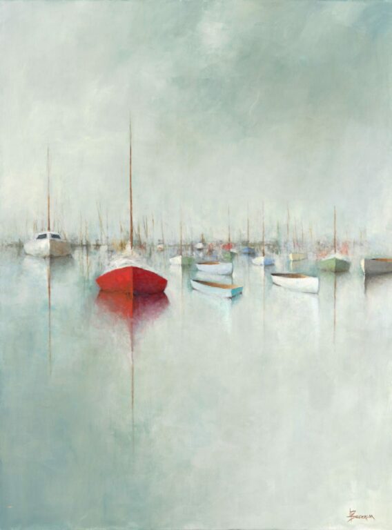 Summer Crowd 30×40 A soft, misty harbor scene from Leslie Berenson New Work, with many small boats floating on still water. Most are pale, but one bright red boat stands out in the center. Sky and water blend seamlessly, creating a tranquil atmosphere with visible reflections.