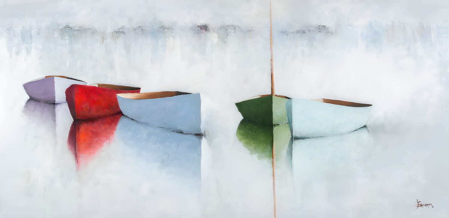Five rowboats—purple, red, blue, and green—float on calm water with soft reflections below each. In this Leslie Berenson Art Work, a misty, abstract background and faint vertical line evoke a tranquil, dreamy atmosphere.