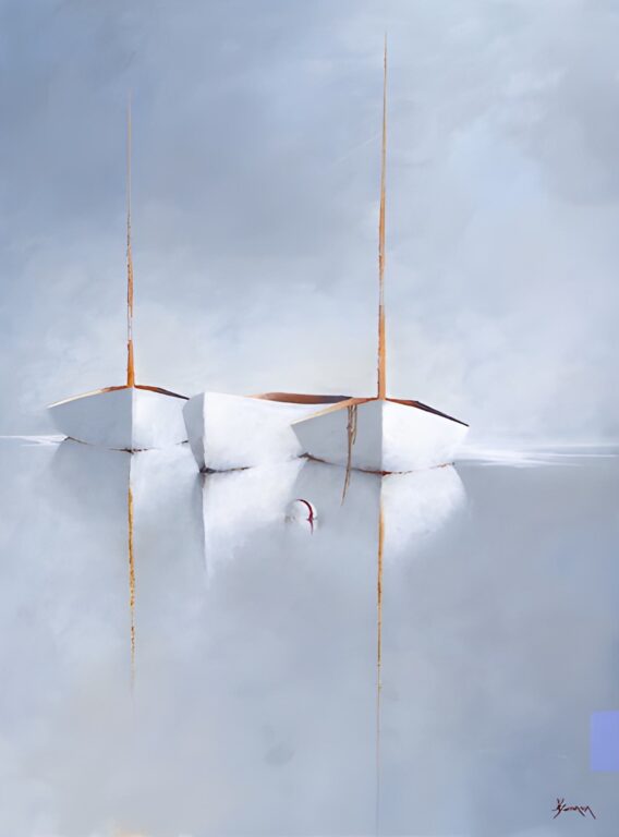 Sun Bleached three minimalist white sailboats with tall, thin masts float side by side on calm, reflective water in this serene scene from Leslie Berenson New Work. Pale blues and grays create a dreamy atmosphere, with the boats’ reflections visible below.