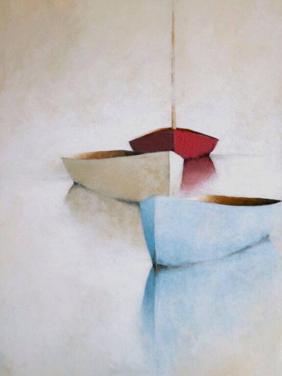 The Holiday Boat Parade Giclee Three small rowboats float on calm water in soft, blurred tones. This minimalistic scene, available as giclee prints, features gentle reflections and a misty, dreamlike atmosphere with boats in pale blue, beige, and red.