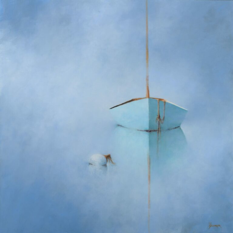 The Joy of Solitude A minimalist painting from Leslie Berenson Art Work shows the bow of a pale blue boat reflected in still water, surrounded by mist. A small white buoy floats nearby, its reflection gentle. A thin, rusty line suggests the boat's mooring rope. The scene feels calm and serene.