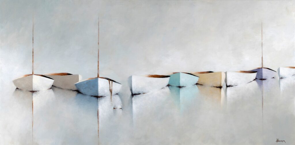 The Sounds of the Sea A minimalist painting from Leslie Berenson Art Work features seven small, white boats with brown interiors, lined up on tranquil, reflective water. Thin masts and muted pastels create symmetry against a pale, hazy background.
