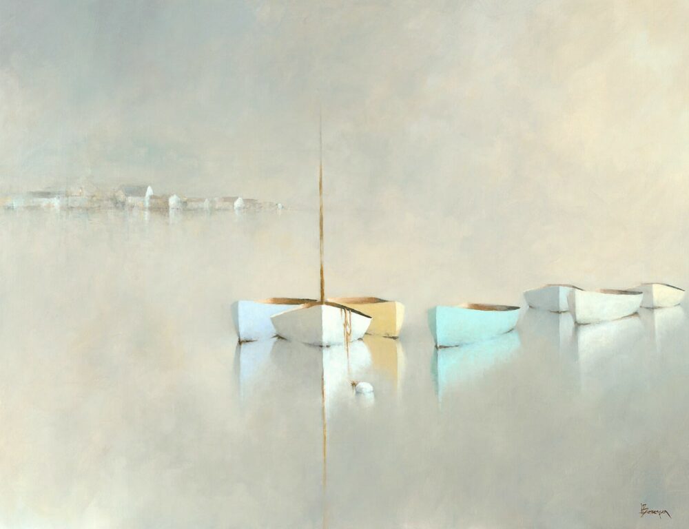 A minimalist painting from Leslie Berenson Art Work shows four pastel-colored boats calmly floating on still water, their reflections visible. A misty background and faint buildings on the horizon lend a peaceful, dreamlike quality.