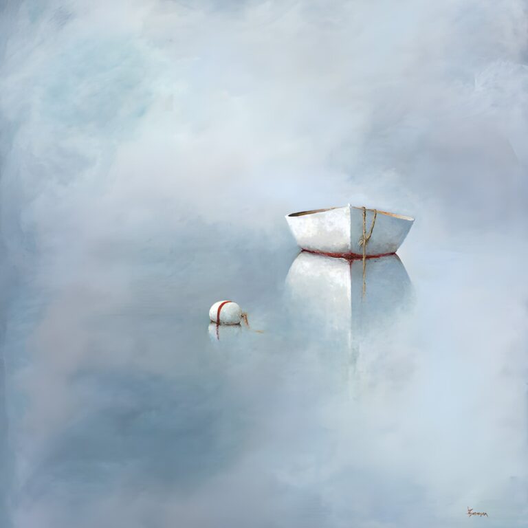 Tranquil Waters Giclee A small white boat floats on calm, reflective water under a cloudy sky. Nearby, a buoy with a red stripe drifts. This tranquil, minimalist scene evokes the peaceful mood found in Leslie Berenson Giclee Work, with soft, muted colors and faint reflections.