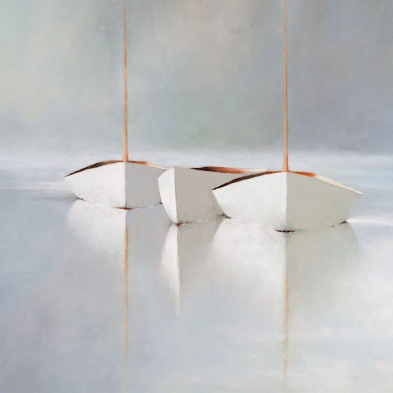 Wind Swept Waters Giclee Three minimalist white sailboats with tall masts float on calm, reflective water. Soft grays and blues set a serene, dreamy mood in this artwork, available as giclee prints that capture gentle reflections and tranquil beauty.