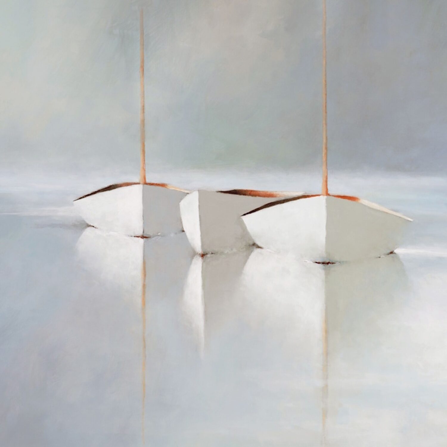 Three minimalist white sailboats with tall masts float on calm, reflective water. Soft grays and blues set a serene, dreamy mood in this artwork, available as giclee prints that capture gentle reflections and tranquil beauty.