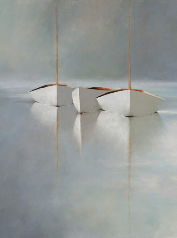 Windswept Waters Three white rowboats with brown trim float side by side on calm, reflective water under a gray, misty sky. Their upright masts and soft reflections evoke the serene, minimalist style seen in Leslie Berenson Art Work.