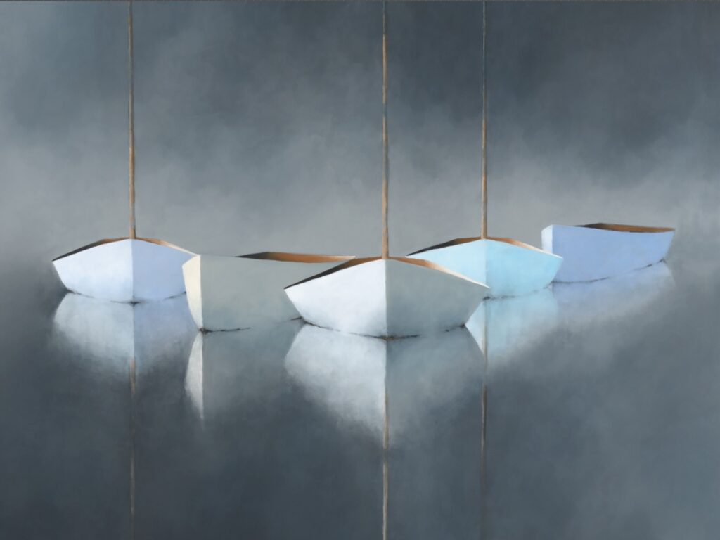 Mystical Moonlight Giclee Five small rowboats, painted in soft shades of white and blue, float on a calm, reflective body of water. This tranquil, minimalist scene with gentle lighting and soft shadows is beautifully captured in high-quality giclee prints.