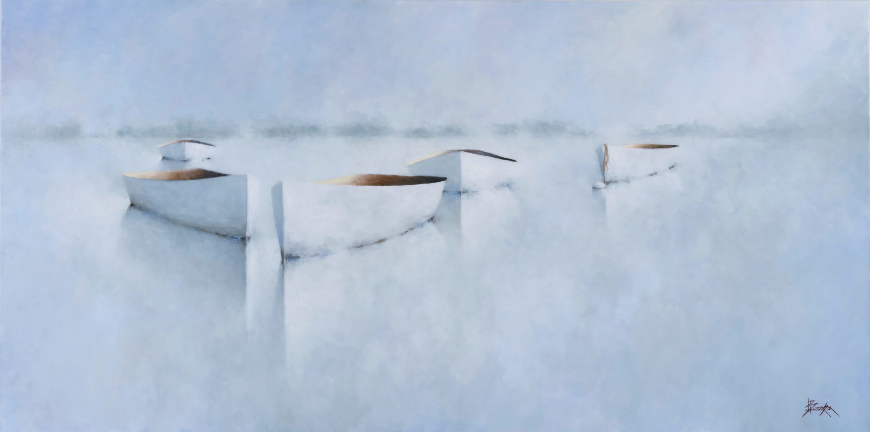 Basking in Sunlight Several white rowboats float on calm, misty water, blending into the pale blue and white background. The boats appear empty and are softly reflected in the water, evoking a peaceful, dreamlike atmosphere. The scene is minimalist and serene.