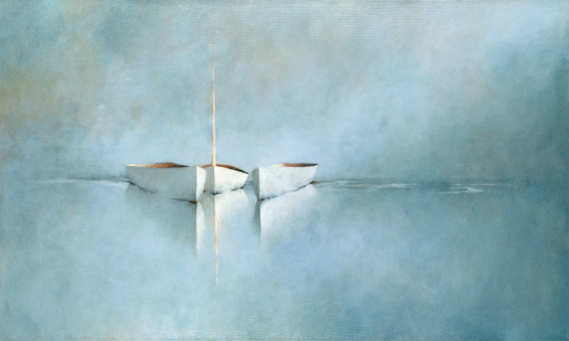 Part of the portfolio gallery Two white rowboats float side by side on calm, glassy water, their reflections clear below. The scene is misty and minimalist, with soft blue and gray tones blending the sky and water, creating a peaceful, serene atmosphere.