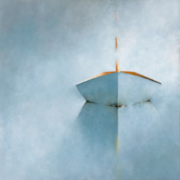 A minimalistic painting of a white boat on calm water, shown head-on. The boat's reflection and soft blue-gray tones create a serene, symmetrical image, with diffuse light and subtle shadows blending smoothly across the canvas.