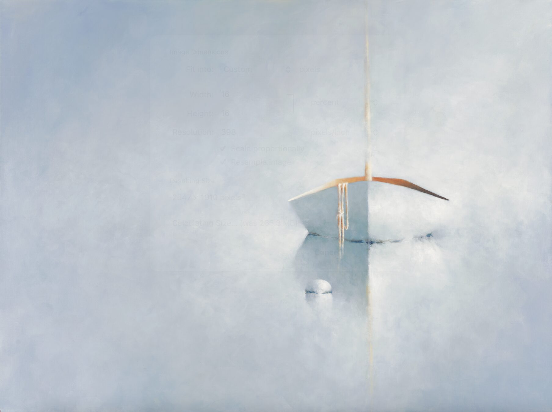 Morning Glimmer A minimalist painting of a white sailboat floating on calm, misty water. The boat is centered, with its reflection visible below. The background is soft and pale, blending shades of blue and white, evoking a tranquil and serene atmosphere.