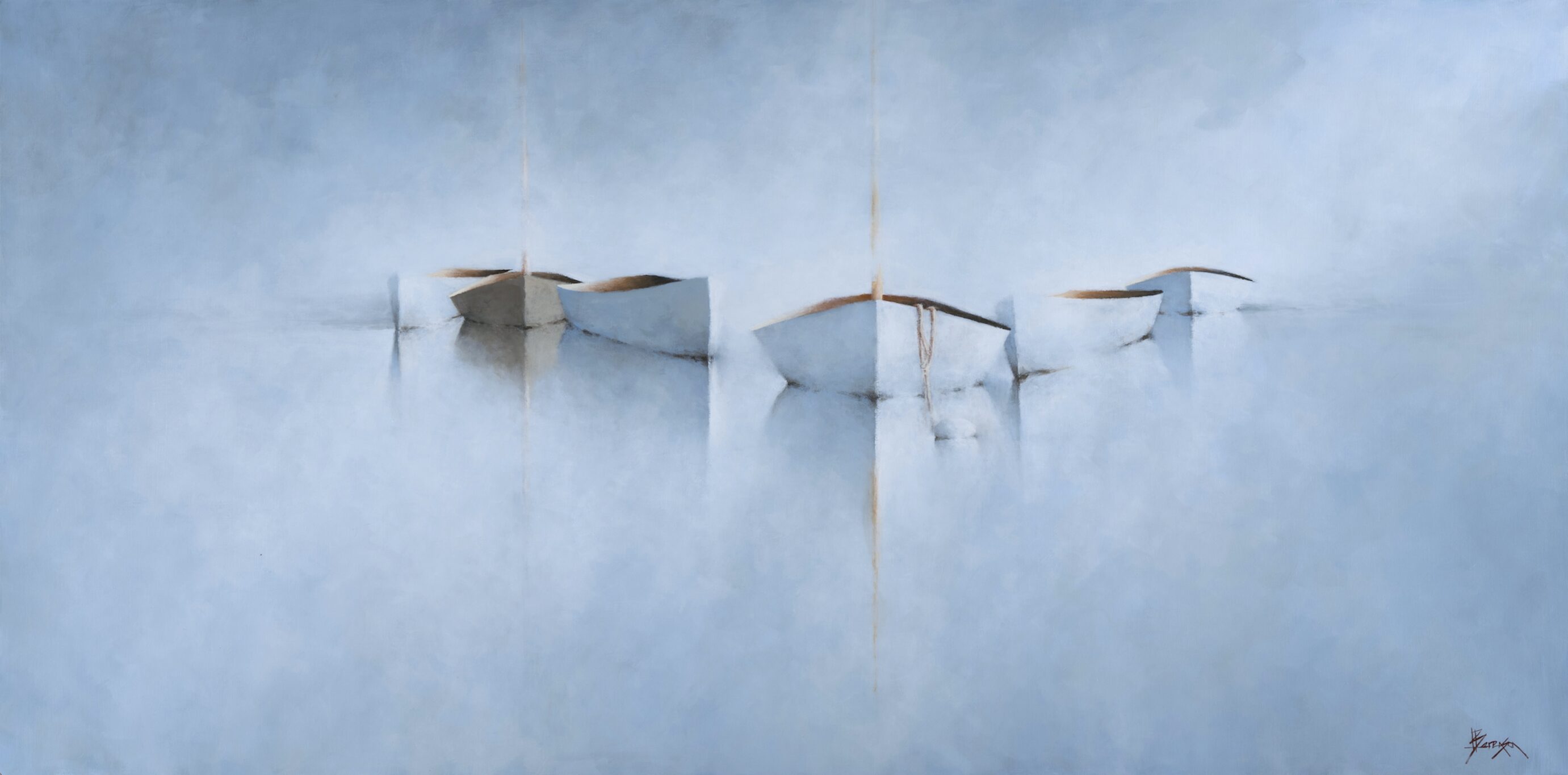 Sea of Serenity Four small boats float on calm, misty blue water. Their soft reflections appear beneath them, blending into the tranquil, almost abstract background, creating a peaceful and serene atmosphere. The scene is minimalistic with muted tones and gentle lighting.