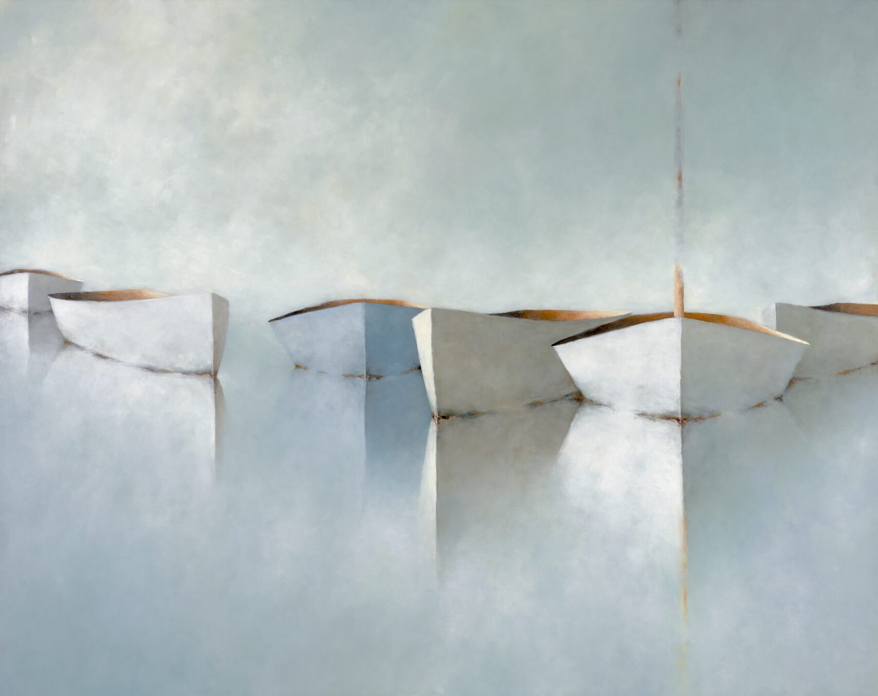 Seaside Dreams Five white boats, simplified in geometric shapes, float side by side on calm, reflective water. The soft, muted colors and hazy background create a tranquil, abstract atmosphere, with gentle shadows mirrored below each boat.