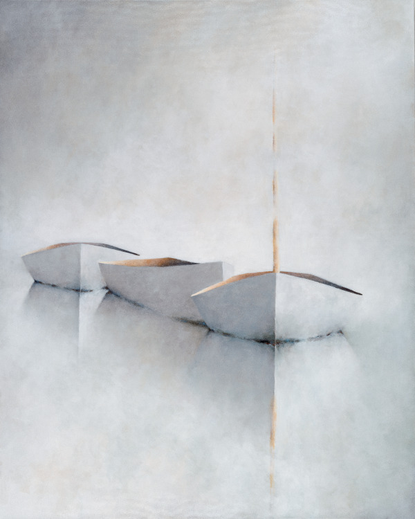 Silver Sailers Original Three minimalist, white paper boats float on a smooth, reflective, misty surface. The background is soft, pale, and almost abstract, with muted colors blending seamlessly, giving a serene and tranquil atmosphere. The scene appears calm and ethereal.