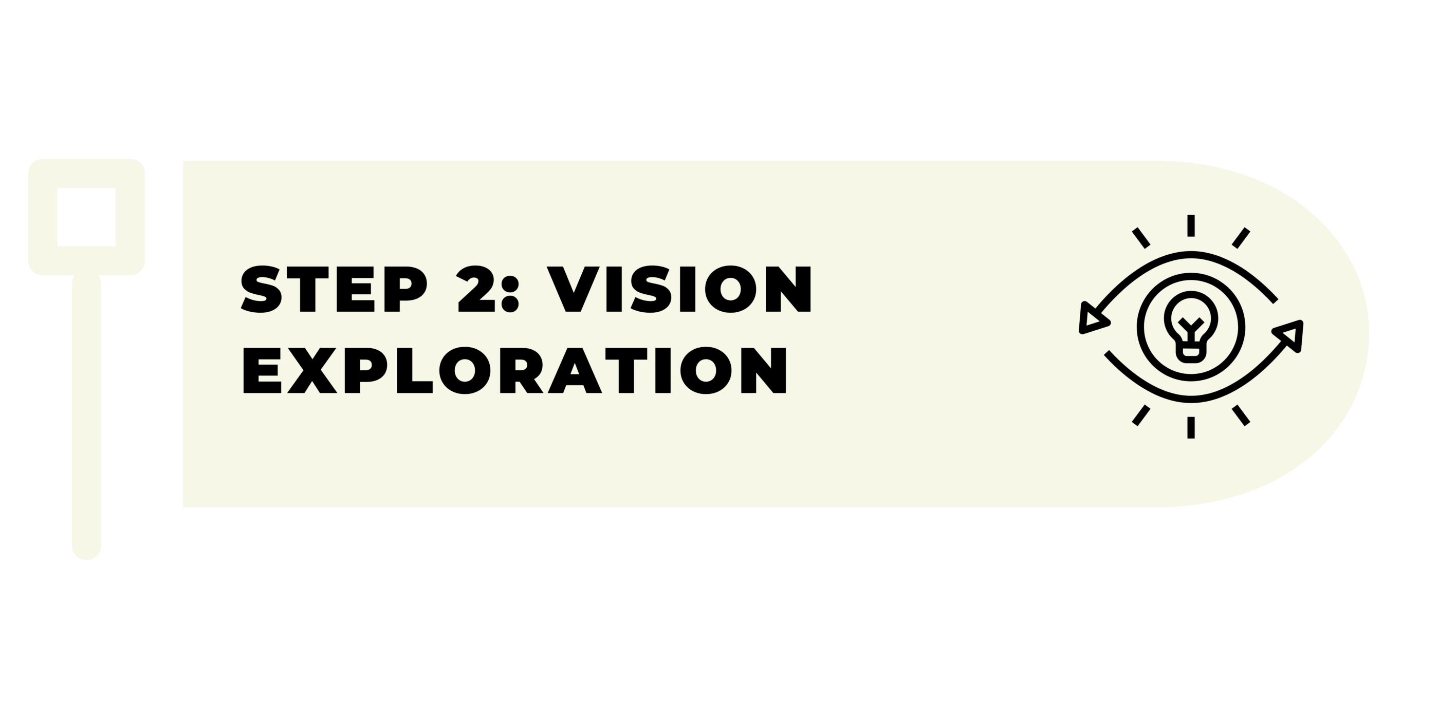 A light yellow banner displays the bold text “STEP 2: VISION EXPLORATION” on the left. To the right is a minimalist black line drawing of an eye with a lightbulb inside and arrows circling it, symbolizing insight or innovative thinking.