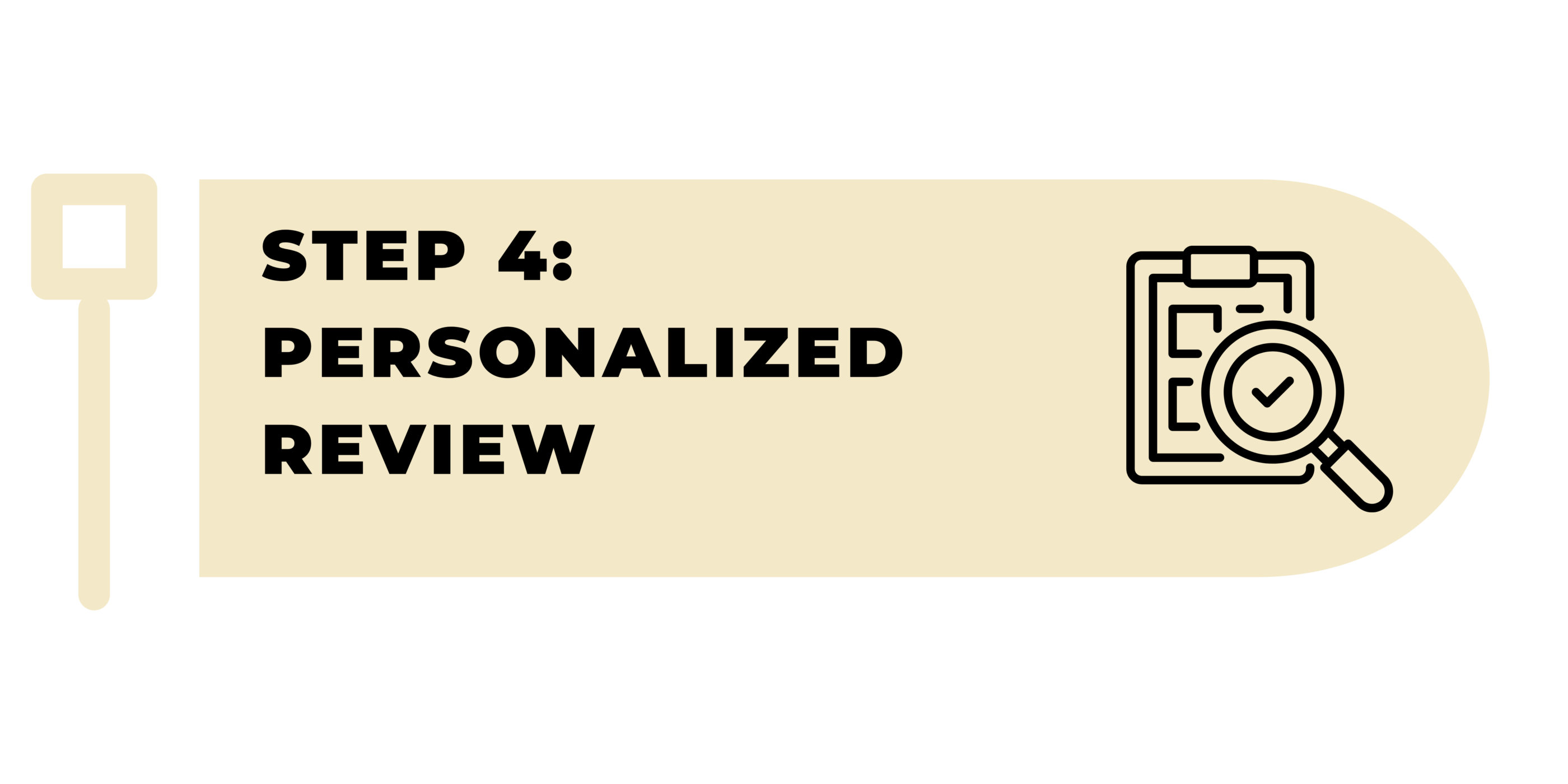 A beige banner with “Step 4: Personalized Review” in bold black text on the left, and a black icon of a clipboard with a checklist and a magnifying glass showing a checkmark on the right.