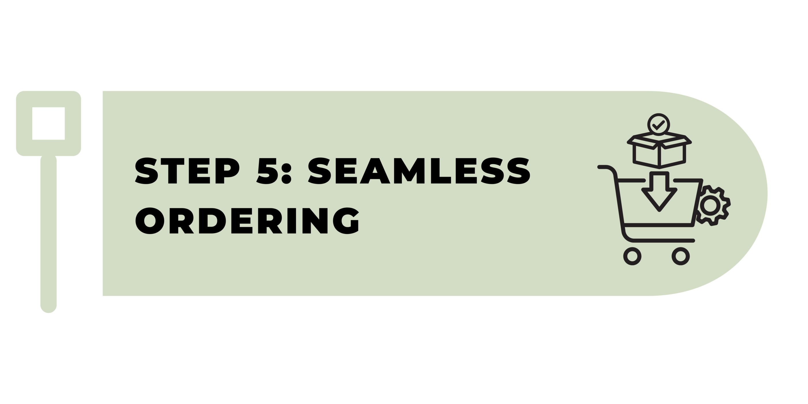 A light green rounded rectangle with bold black text reads “STEP 5: SEAMLESS ORDERING.” On the right, there’s an icon of a shopping cart with a gear and a box with a check mark, suggesting efficient online ordering and delivery.