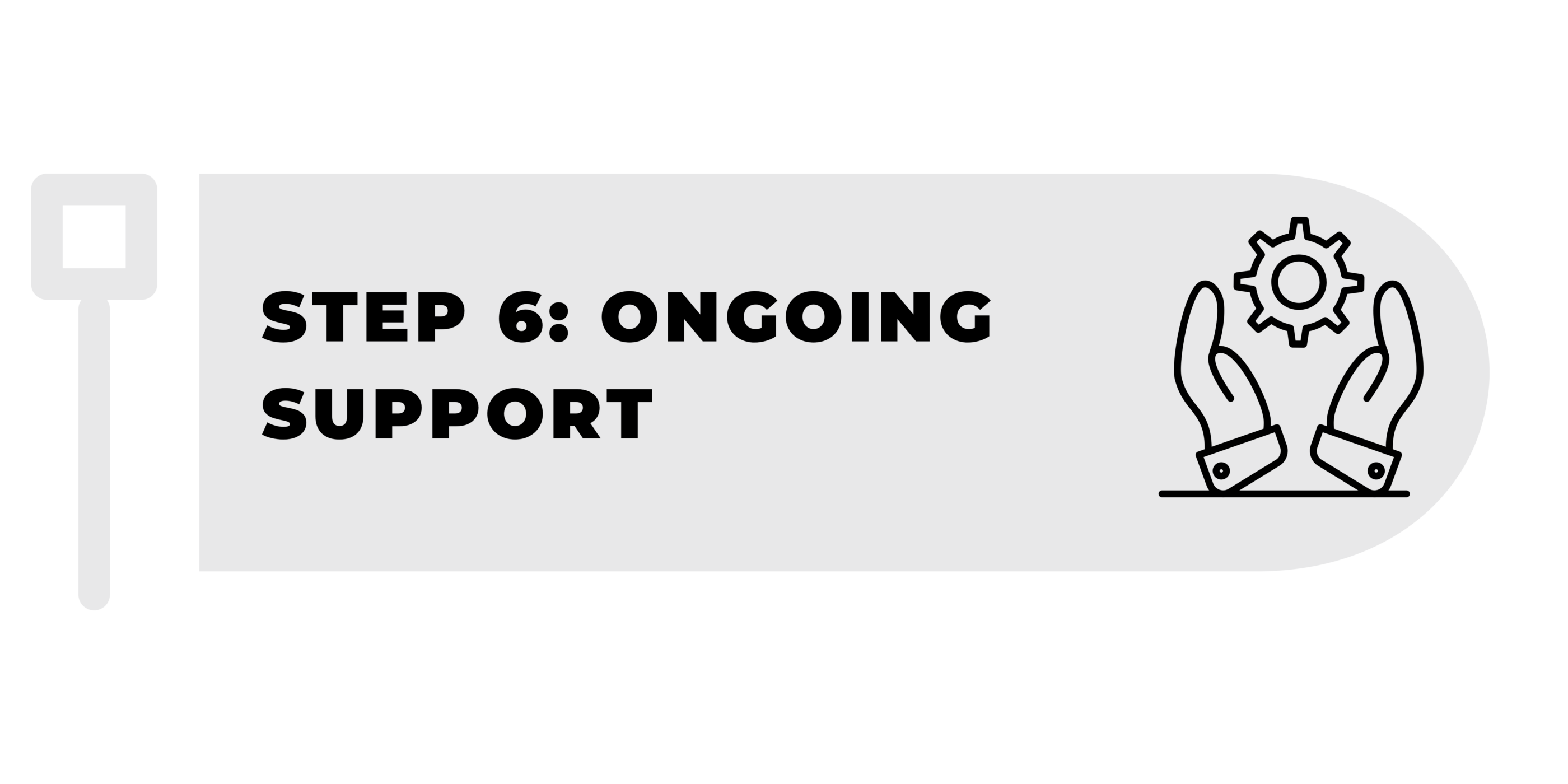 A gray box with bold black text reads “STEP 6: ONGOING SUPPORT.” To the right, there is an icon of two hands holding a gear, symbolizing assistance or technical support. The background is white with a rounded rectangle shape.
