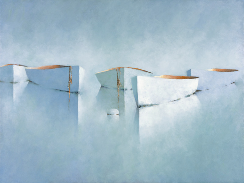 A minimalist painting shows white geometric shapes resembling icebergs or abstract boats, with brown tops and subtle reflections on a smooth, pale blue background, evoking a calm, surreal, and icy landscape under soft light.