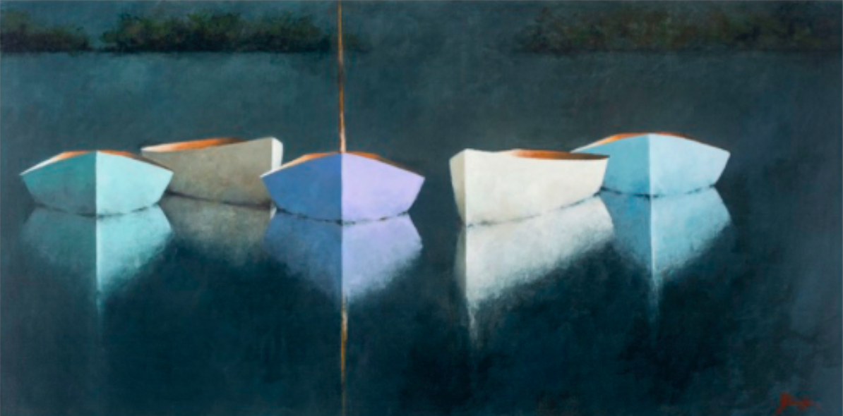A 1 of 1 option A painting of four small boats floating on calm, dark water. Each boat is a different light color—orange, blue, and white—casting soft reflections. The background is mostly shadowy water with a faint outline of trees and a subtle dividing line down the center.