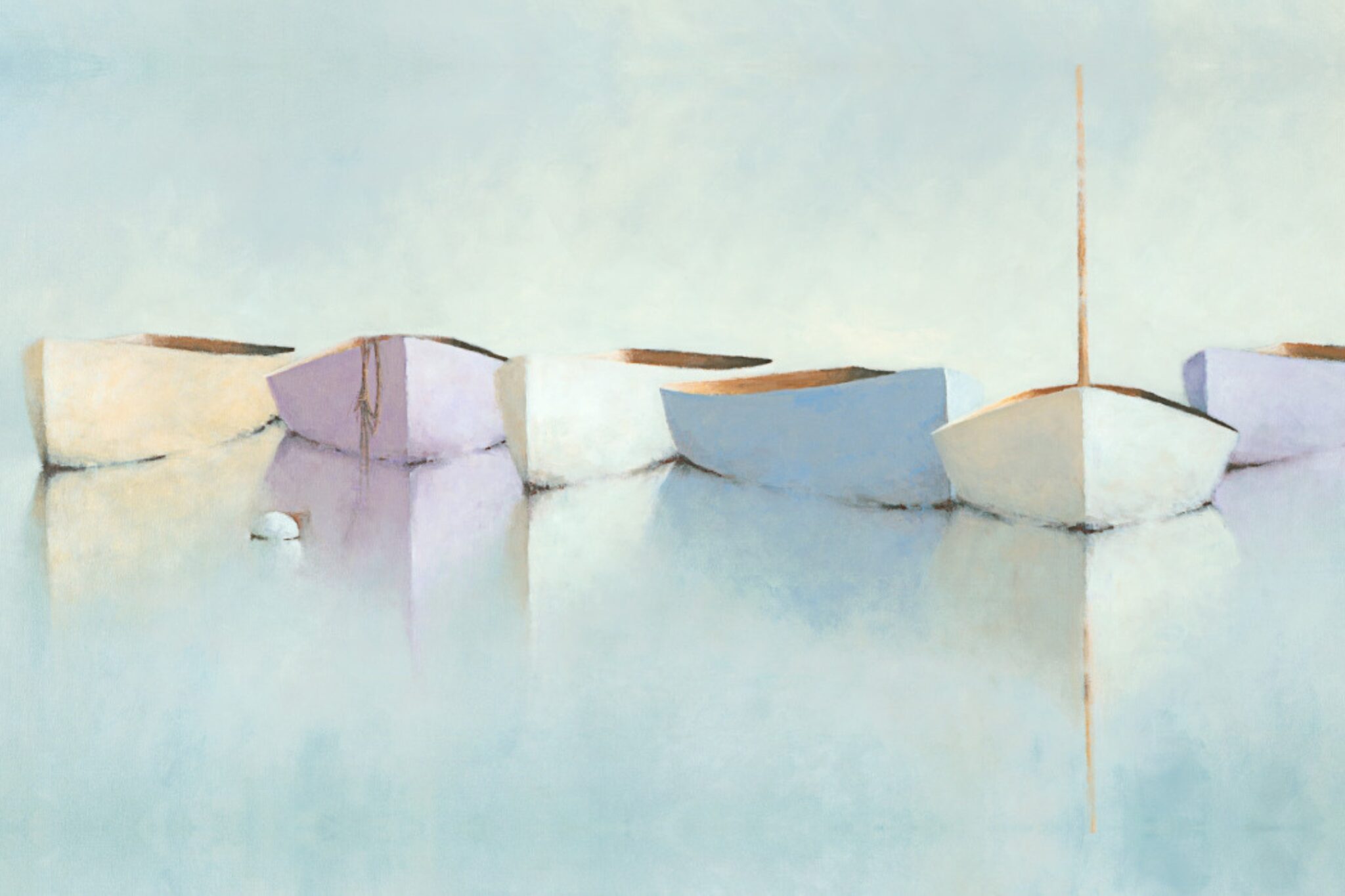 Five pastel-colored rowboats float closely together on calm, glassy water, softly reflecting their shapes. The background is light and blurred, creating a tranquil, minimalist scene. A single buoy floats nearby, enhancing the peaceful atmosphere.