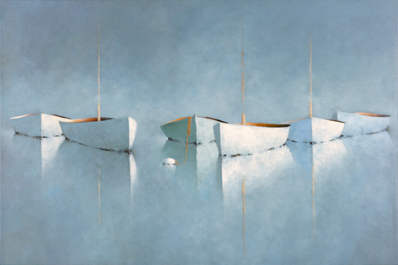 A 1 of 1 option A serene painting of four white rowboats floating on calm, glassy water. The boats cast soft reflections, and the background is a hazy, light blue, creating a tranquil, minimalist atmosphere. There are no people or additional objects in the scene.