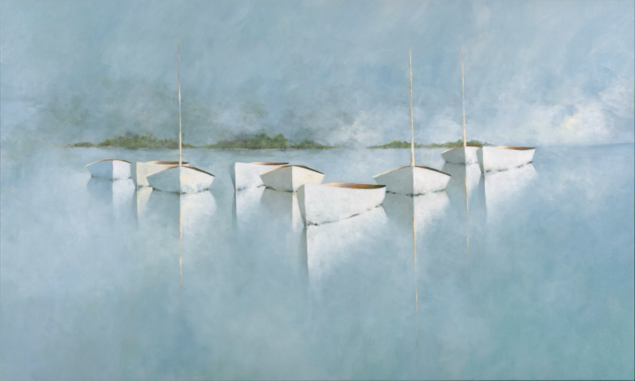A 1 of 1 option Six white sailboats with upright masts float on calm, glassy water, reflecting their shapes. The background is soft blue with a distant, blurry green shoreline, creating a serene, misty atmosphere. The boats are arranged in a loose line.