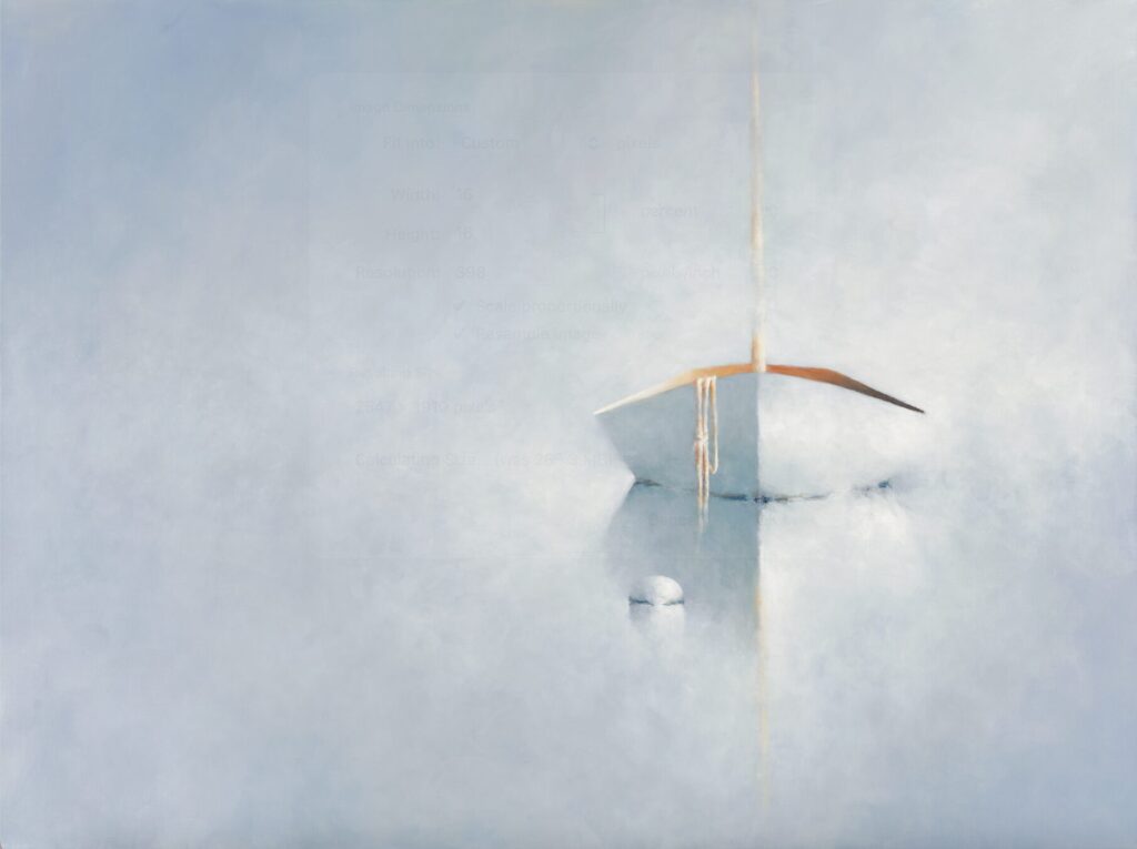 A white sailboat with brown accents floats on calm, misty water, its reflection visible below. The background is a soft, cloudy blue and white, creating a tranquil, minimalist scene. A small buoy is near the boat, and the sky seamlessly blends with the water.