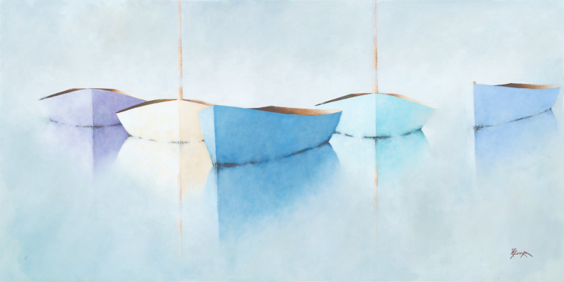 A 1 of 1 option Four small, pastel-colored rowboats—two blue, one white, one pale yellow—float closely side by side on calm, misty water. The smooth surface creates soft reflections of the boats, while the background is hazy and light.