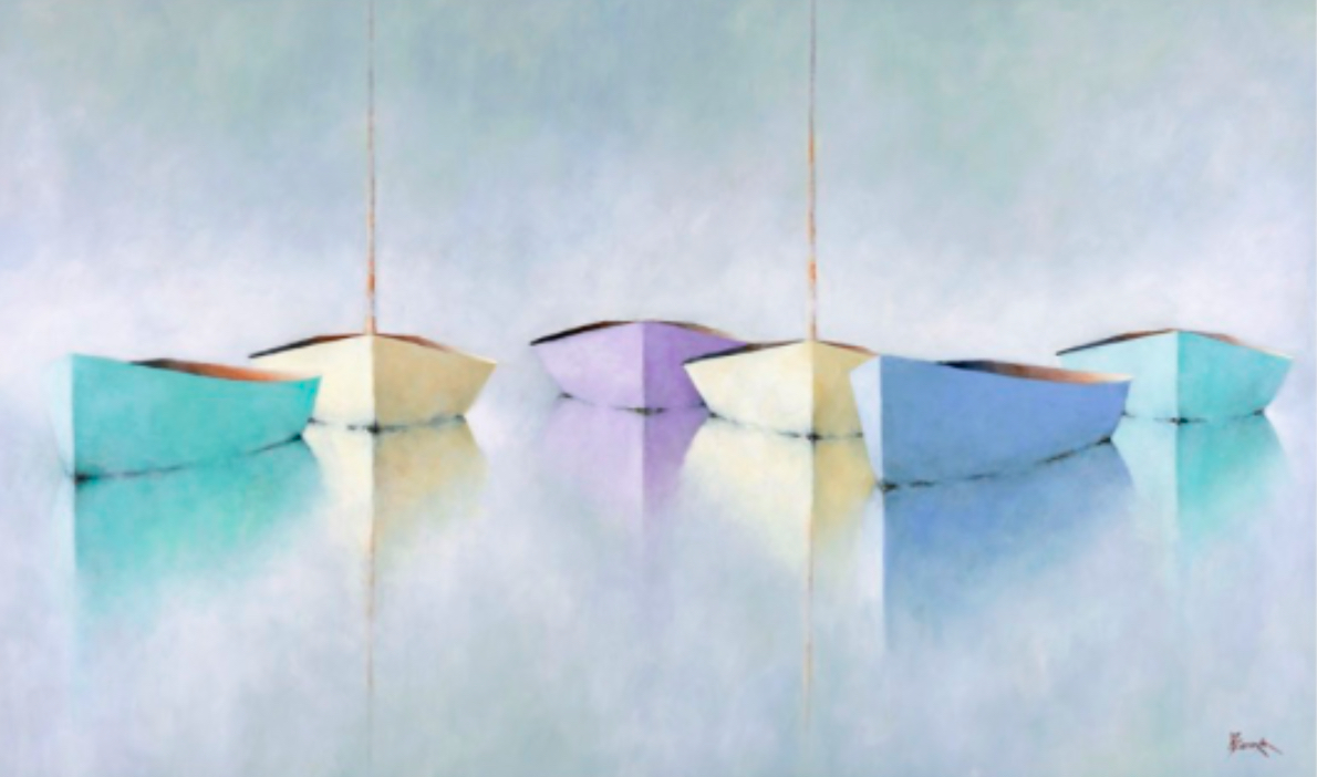 A 1 of 1 option A soft pastel painting depicts five small rowboats in muted blue, yellow, and lavender tones floating on calm, reflective water, blending seamlessly into a misty, pale background, creating a tranquil and serene atmosphere.