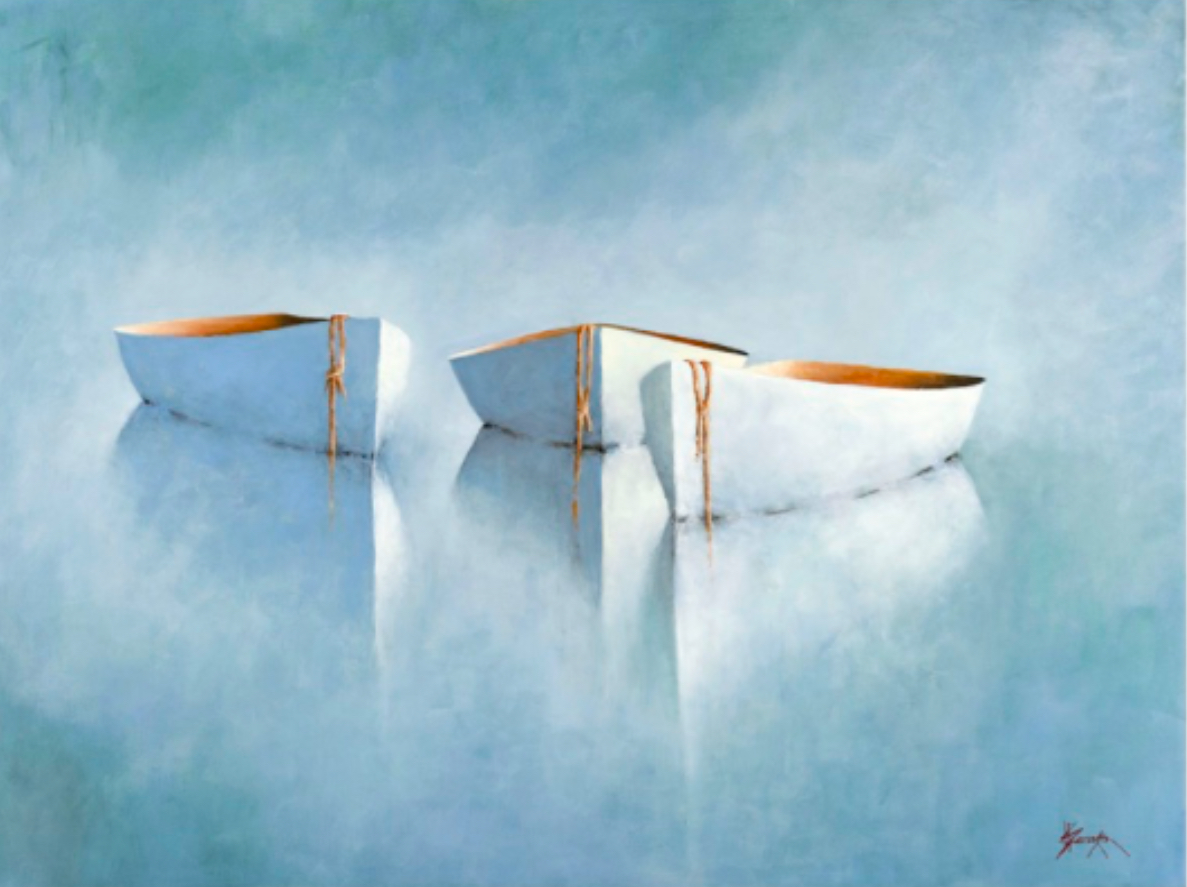 Three small, white rowboats float side by side on calm, glassy water. The boats cast soft reflections, and the scene is tranquil with a blue and light tone, evoking a peaceful and serene atmosphere. The artist's signature is in the bottom right corner.