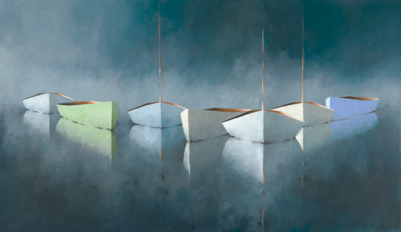 Six rowboats in soft pastel colors—green, white, and blue—float on calm, misty water. Their reflections are visible in the smooth surface, creating a serene and quiet atmosphere with a hazy blue-gray sky in the background.