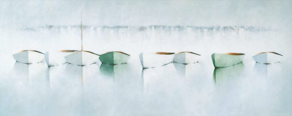 A minimalist painting of six white rowboats with slight green and brown hues, floating on calm, pale blue water. The boats and their reflections form soft, blurred shapes, conveying a serene, misty atmosphere with a faint line dividing water and sky.